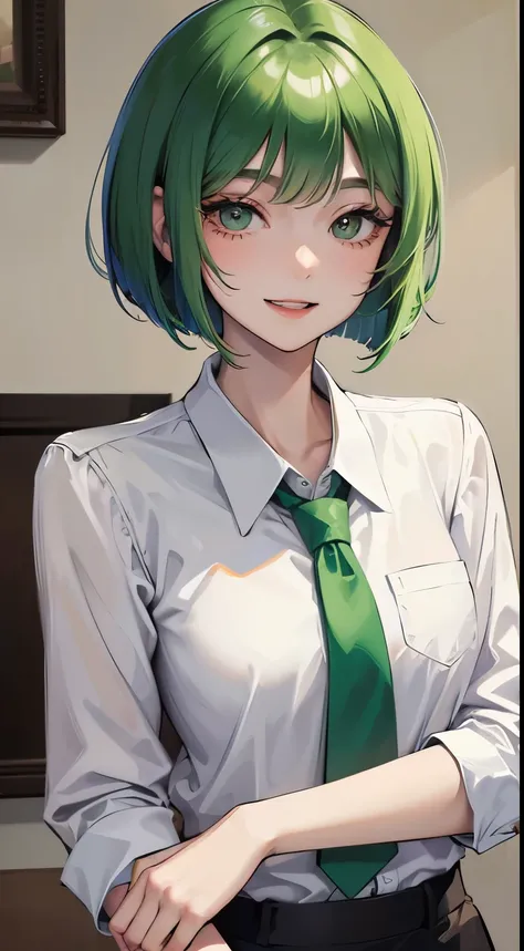 One lady、Green hair、ENFP、bob cuts、short-cut、Green shirt、Green tie、lively girl、Show your teeth and smile