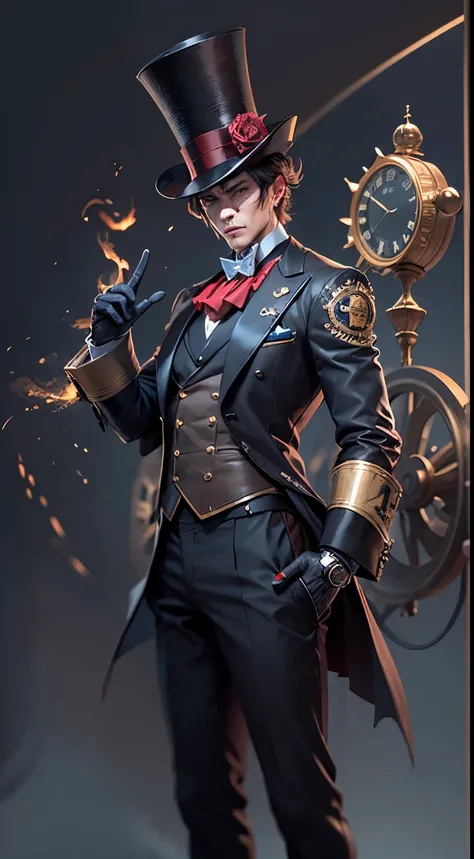 Steampunk robot butler，wearing a tuxedo，Wearing a top hat，Super meticulous，ultra - detailed，hyper realisitc，tmasterpiece，OC Render，电影灯光，cinematic perspective