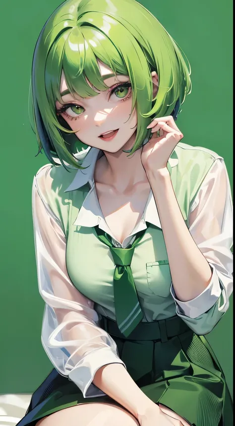 One lady、Green hair、ENFP、bob cuts、short-cut、Green shirt、Green tie、lively girl、Show your teeth and smile、green clothing、active、Green lipstick