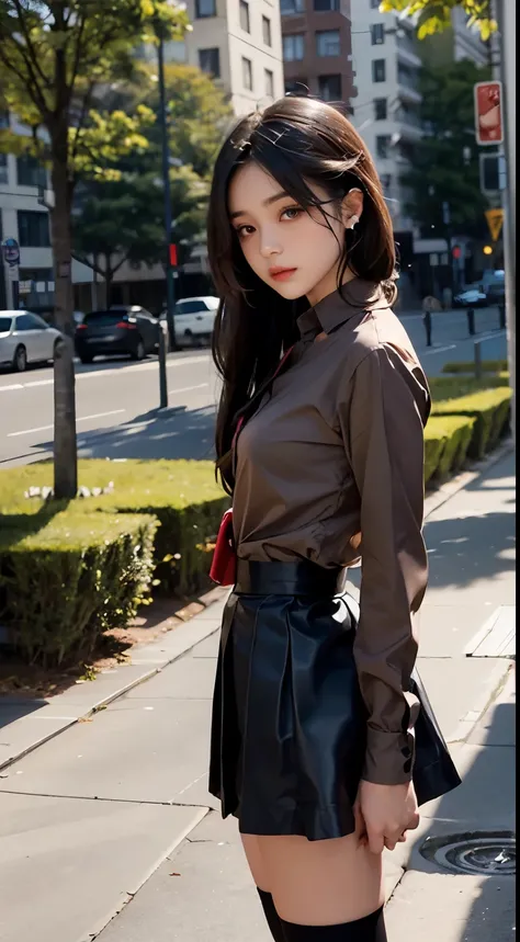 a photo, A girl standing in a park, a park in the middle of the city, a beautiful girl, long tied hair, black hair, red eyes, perfect face, Wear a plain brown shirt, wear a short black skirt, wear black stockings