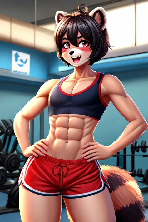 Raccoon, male, girly, blush, wide hips, abs, hands on hips, smiling at viewer, red shorts, open mouth, gym background