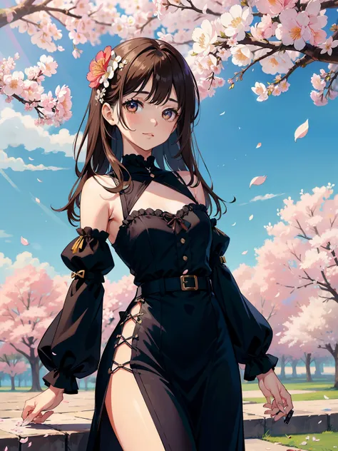 chica de mediana edad, 21-year-old.，hermoso vestido de terciopelo primer plano de la cara y la mitad del torso，Fondo de flower petals de Sakura NS，Mar de flores，Long brown hair，Longer sleeves，apariencia，manguera de encaje，flower petals，flores rosadas, ese，...