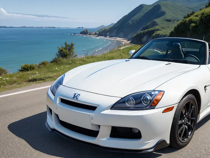 超A high resolution、An ultra-high picture quality、8K、Wonderful expression with attention to detail、early summer coastline、A pure white sports car stopped at a mountain pass.Honda S2000 Sports Coupe