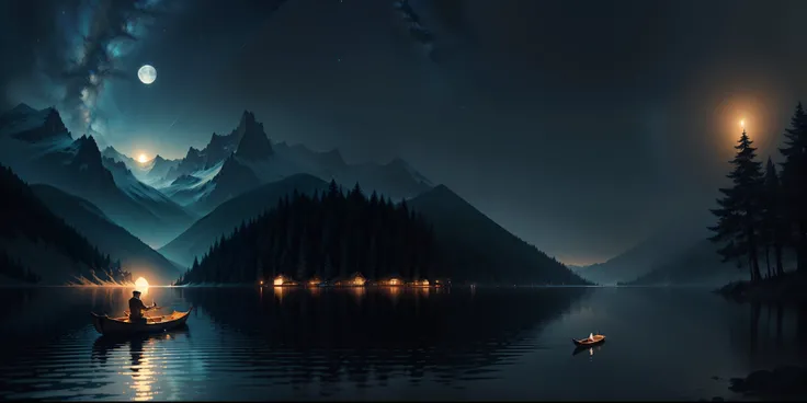 there is a man in a boat on a lake at night, beautiful art uhd 4 k, 8k stunning artwork, beautiful digital artwork, calm night. digital illustration, 4k highly detailed digital art, amazing wallpaper, very beautiful digital art, beautifully lit landscape, ...