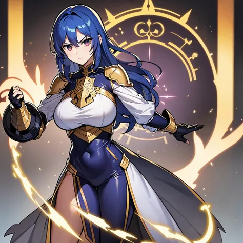 One intimidating mature woman, paladin, body covered with an armor, non-revealing clothing, serious, knight, tall, big breasts, blue hair,