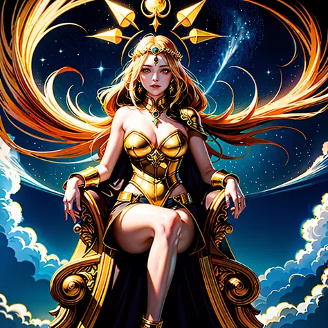 Sun woman, pride,Sun shining bright, gold throne, greates throne, so very large, HD lighting and dark )<=(epic image quality)dark atmosphere with bright particle light(many effects in background)