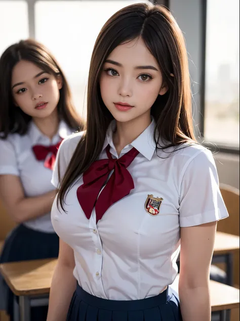 (2 young girls beautiful girls with beautiful details, RAW photogr, (Best quality at best:1.2), 8K, high detal, A high resolution, with the highest quality, HD RAW color photos, professional photoshooting, (delicated face:1.2), (Open chest high school unif...