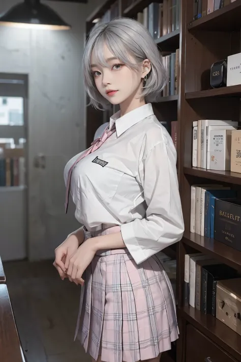 best images quality，RAW photos，超高分辨率，taken from the side，gently smiling，16 years old Korean，very huge big breasts，tiese，ribbons，校服，collared shir，School Uniform Shirts，plaid skirts，White skin of the，shiny white skin，a short bob，bright silver hair，bright gra...