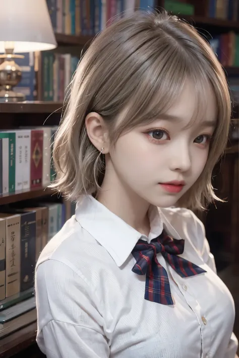 image quality、Original photography、超高分辨率、taken from the side、gently smiling、16 years old Korean、Plump、tiese、bow ribbon、student clothes、collared shir、School Uniform Shirts、plaid skirt air white skin、Fair and shiny skin、a short bob、bright silver hair、Bright ...