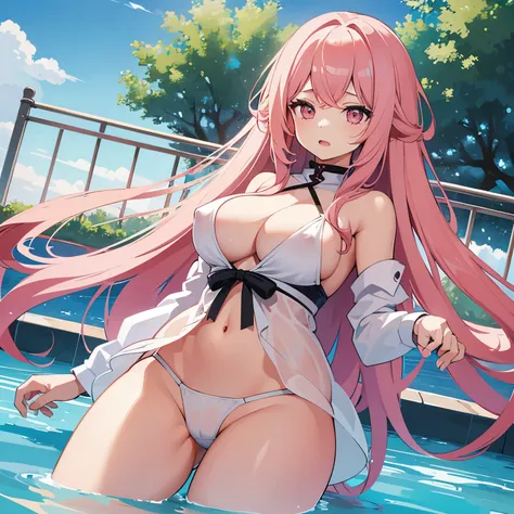 Girl, long pink hair, pink eyes, cute, big breasts, medium thighs, sexy, no clothes, no underwear, naked, undressed, at pool