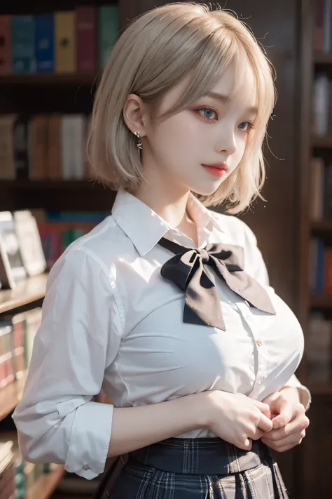 image quality、Original photography、超高分辨率、taken from the side、gently smiling、16 years old Korean、Plump、tiese、bow ribbon、student clothes、collared shir、School Uniform Shirts、plaid skirt air white skin、Fair and shiny skin、a short bob、bright silver hair、Bright ...