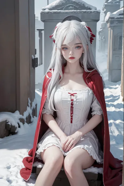 (8k)，realistically, a high resolution, 1 women, alone,(lolita costume)， pretty eyes, white hair, eye socket, (sitted，raw edge re...