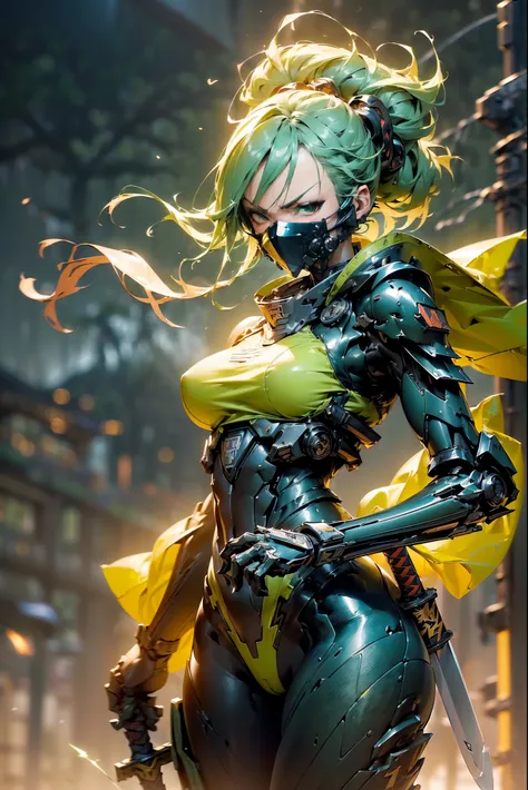 woman wearing ninja armor,(((Holds a sword tinged with wind in the right hand:1.3))),(((He holds a sword tinged with lightning in his left hand.:1.3))),(tactical open face mask:1.3),(green and yellow body:1.5),(sensually:1.4),(large full breasts:1.3),(long...