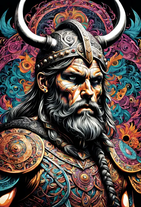 in psychedelic style a magnificent and detailed portrait of a viking warrior