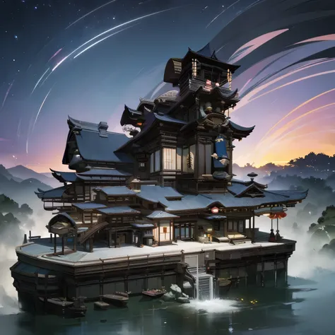 Masterpiece, some big Building, The future and the past are mixed, blending of Japanese and Western styles, The twilight sky with beautiful star trails