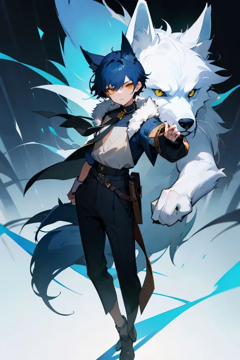 (masterpiece), best quality, full body art, boy, 16 years old, strong athletic body, dark blue hair, short haircut, yellow eyes, wolf ears, scar across the face, gray blouse, white fur collar, claws, wolf tail