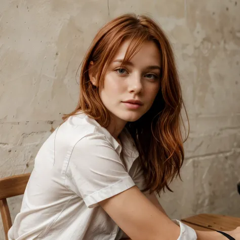 Girl with red hair, Freckles, Fun, in a white business shirt sits at a table against a beige wall