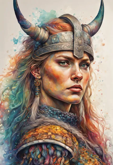 in psychedelic dusted and multicolored style a magnificent and detailed realistic portrait of a women viking warrior