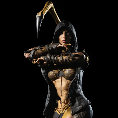 (masterpiece),(best quality:1.0),(ultra highres:1.0), DVorah, monster girl, mortal kombat, yellow skin, sexy girl, detailed beautiful, face focus, worn hood , black bra, skinny,claws, wallpaper 8k, makeup,full body