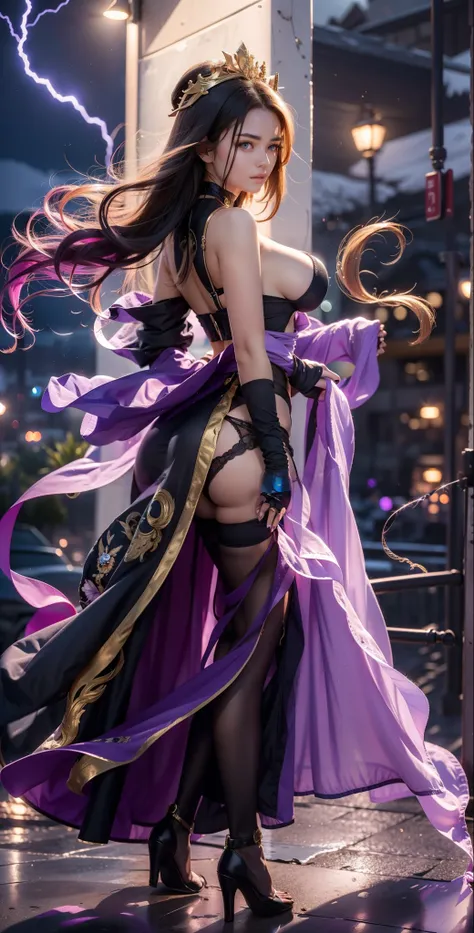 (ultra realistic photo, 8k uhd, full of details in clothes and face, masterpiece, girl goddess of beauty). Shogun Raider from Genshin Impact is a sexy woman with long, flowing purple hair, who wears a highly detailed sexy lingerie, she wears a jewel on the...