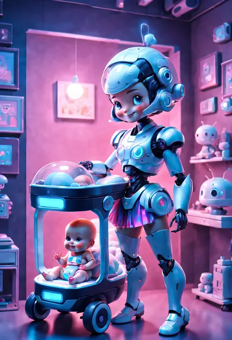 future character design，retro-future，(robot butler wearing holographic retro skirt，smiling looking at cute human baby in cradle)...