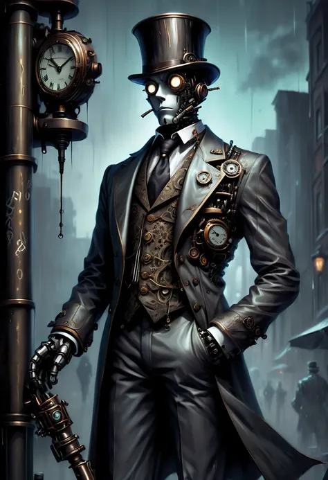 robot butler with mechanical engineering profile, steampunk tie, detail soft shadow, mechanical face with an ennui atmosphere, m...