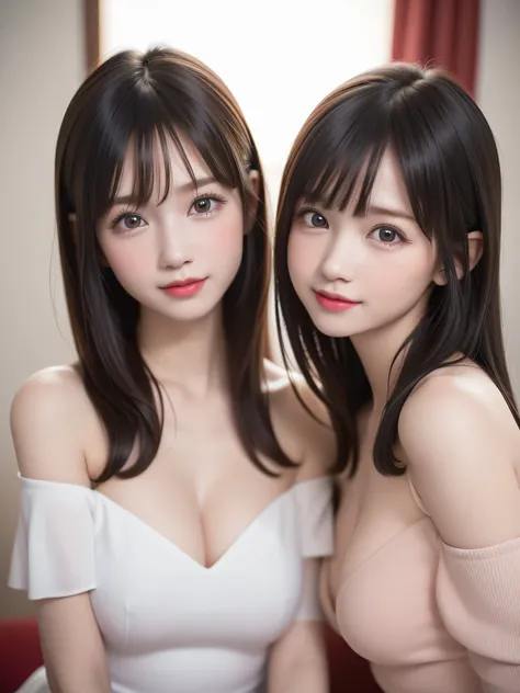 ((2 little girls:1.3)), (Ultra Realistic, hight resolution), (Highly detailed eyes, Highly detailed hair, Highly detailed face, Highly detailed plump lips), (off shoulder with open breasts), breasts, Upper body, Search Smile, (Best Quality:1.4), Raw photo,...