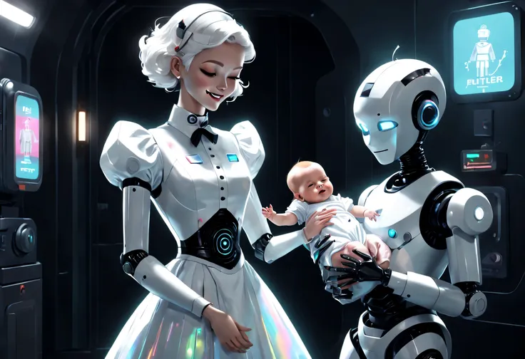 future character design，retro-future，(robot butler wearing holographic white retro dress，smiling looking at sleeping human baby)...