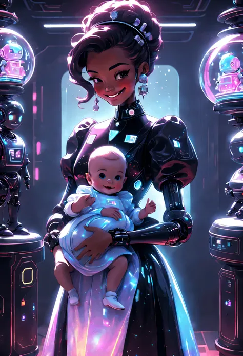 Future character design，Retro-Future，(Robot butler wears holographic retro dress，Smiling looking at cute human baby in cradle)，Nice room，完美机器人Future character design, scientific fiction, Black technology, 3D, cyber punk style