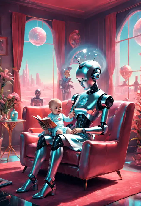 retro-futurism, (Wearing a holographic retro dress, Robot butler holding cute human baby，Sit on the sofa and read a book), Located in a surreal and beautiful living room