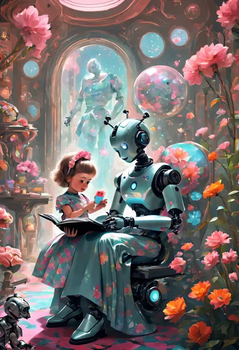 retro-futurism, Robot butler sitting on the floor reading to cute human baby wearing holographic retro dress, arranged in a surreal living room，There are strange flowers inside