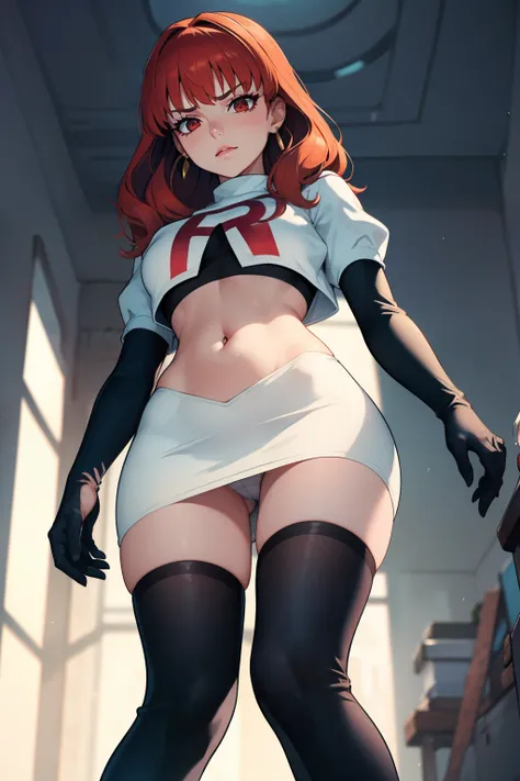 celica fe ,glossy lips, light makeup, eye shadow, earrings ,team rocket,team rocket uniform, red letter R, white skirt,white crop top,black thigh-high boots, black elbow gloves, sinister villianess look, looking down on viewer, pantie shot