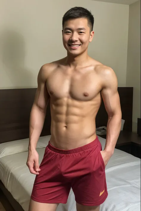 Chinese guy, neat muscular, shorts, shirtless, bed room, smile, bulge