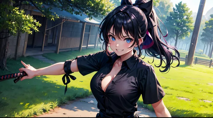 1girl, full body, solo, village, trees, colorful hair, curly hair, ponytail, large breasts, button down shirt, ninja, ((black shirt)), ((unbuttoned shirt)), ((short sleeved shirt)), blue eyes, black shorts, katana, grin, looking at the viewer, ((standing))...