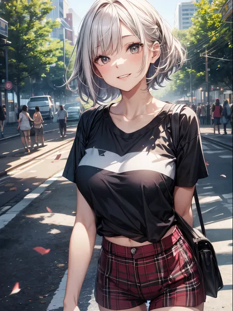 top-quality、Full limbs、complete fingers、Slender beauty、a 25yo woman、(Silver-haired woman)、short-hair、Beautiful Large Breasts、((Black short-sleeved T-shirt))、((red and black plaid shorts))、Black High Socks、A big smile、a park