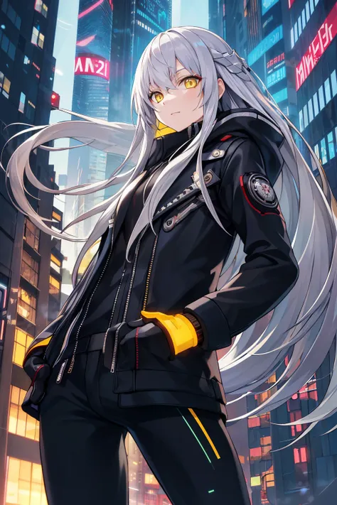 masterpiece, best quality, long hair, silver hair, yellow eyes, outdoors, jacket, wind, cyberpunk, gloves,