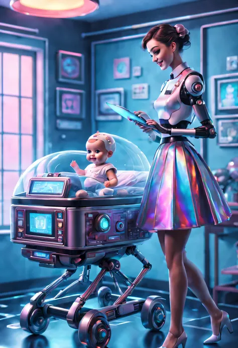 future character design，retro-future，(robot butler wearing holographic retro skirt，smiling looking at cute human baby in cradle)...