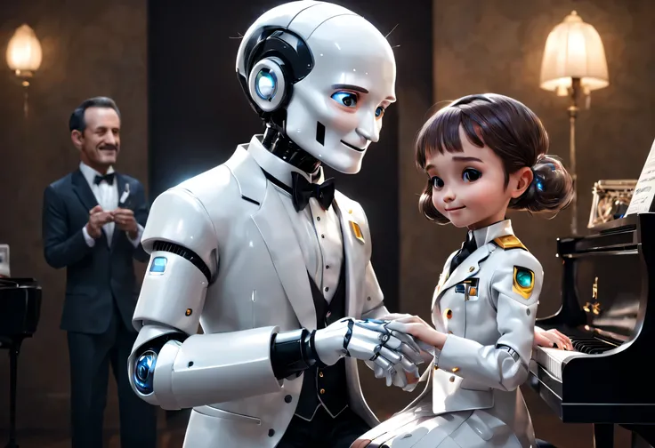 （一个 Robot butler plays the piano with a little girl），Inspired by science fiction movies《Robot butler》Robin Williams， Warm and friendly smile, Happy, (Wearing a holographic white butler suit uniform）,Perfect robot future character design, scientific fiction...