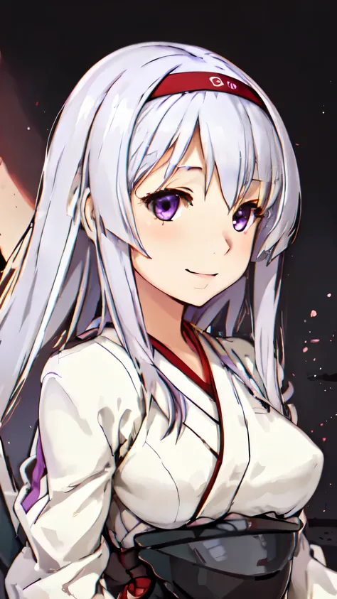 Best Quality, masutepiece, hight resolution, Solo, {_shokaku {_Kantai Collection:1.15}, long_hair, white_hair, Purple_Eyes, muneate, tasuki, Smile, 1girl in , Japanese_Clothes, distortion, , outstretched_Highly detailed arms、extremely detailed eye、extra de...