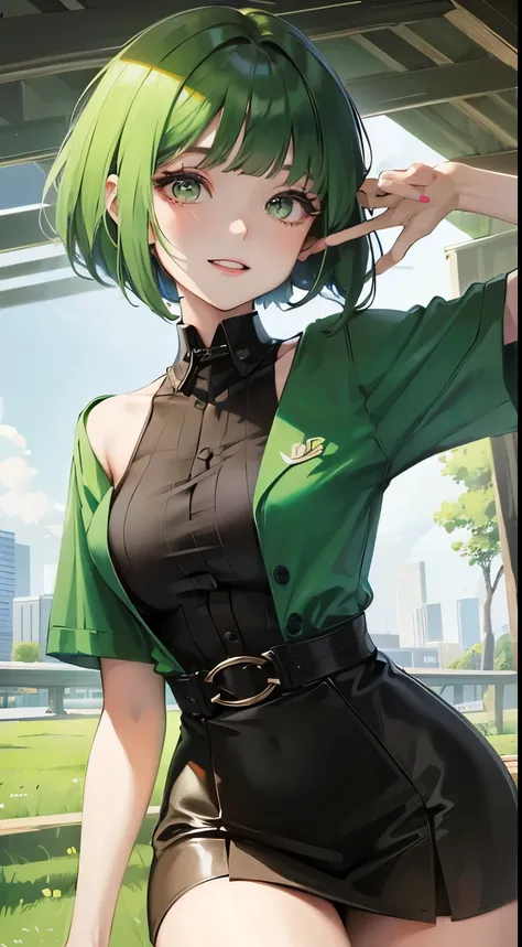 One lady、Green hair、ENFP、bob cuts、short-cut、Green shirt、Black tie、lively girl、Show your teeth and smile、green clothing、active、Gamine