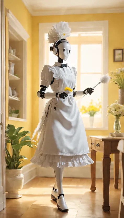 Robot butler，Ribbon lace headband，Maid robot wearing an apron，Walking around the house waving a feather duster。Soft and warm lighting atmosphere，The room was clean and tidy，Spotless furniture and decor，Beautifully arranged flowers，Peaceful and tranquil atm...