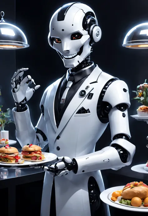 (Robot butler serving food to guests, The robot butler waiter is equipped with a high-definition simulated facial display on his head, Warm and friendly smile, Happy, Wearing a holographic white butler uniform formal suit, Futuristic character design, scie...