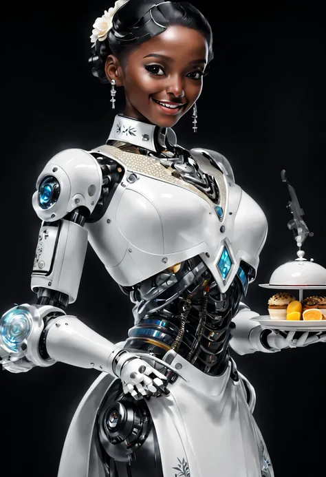 (The robot butler is serving food to the guests, The robot butler waiter is equipped with a high-definition simulated facial display on his head, Warm and friendly smile, Happy, Wearing holographic white butler uniform dress suit, Futuristic character desi...