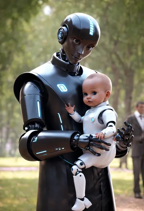 (robot butler holds a cute human baby in the park), robot butler takes care of baby throughout the process. the head is equipped...