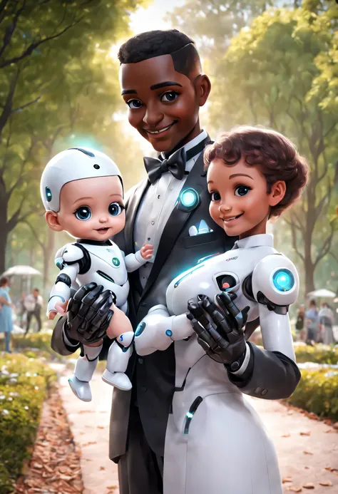 (robot butler holds a cute human baby in the park), robot butler takes care of baby throughout the process. the head is equipped...