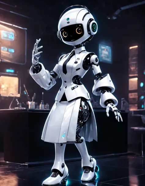 （Robot butler mopping the floor），The head is equipped with a high-definition analog face display，Warm and friendly smile,Happy，Wearing a holographic white butler uniform skirt suit，Future character design，sci-fy，Black technology，3D ，cyber punk personage，