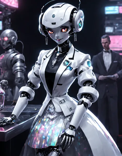 （The robot butler is mopping the floor：1.3），The head is equipped with a high-definition analog face display，Warm and friendly smile,Happy，Wearing a holographic white butler uniform skirt suit，Future character design，sci-fy，Black technology，3D ，cyber punk p...