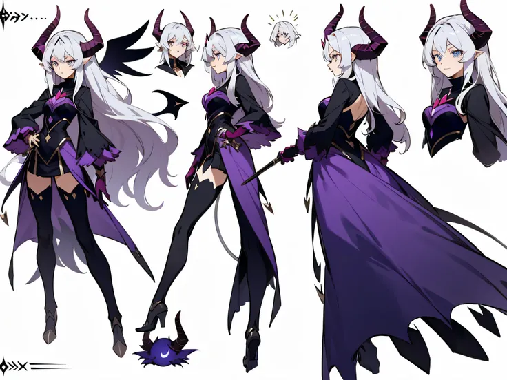 ((masterpiece)),(((best quality))),((character design sheet,same character,front,side,back)),illustration,1 girl,long hair,hair on eyes,beautiful eyes,environment Scene change, pose too, female demon, horns, holding a magic scepter, charturnbetalora, (simp...