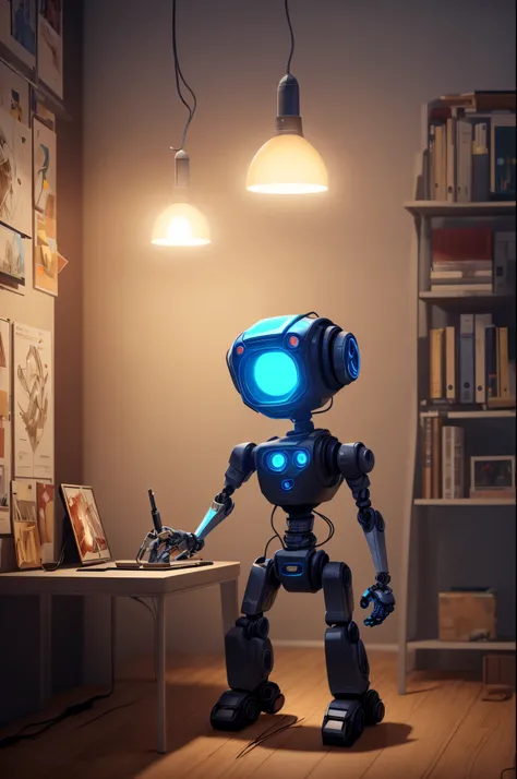 Electrobots and offices, unreal-engine, cozy indoor lighting, art  stations, detailed, digitial painting, Cinematic, character  design：Mark Leyden、Pixar and Hayao Miyazaki, Unreal 5, daz, Hyper-realistic, octaneratingrendering