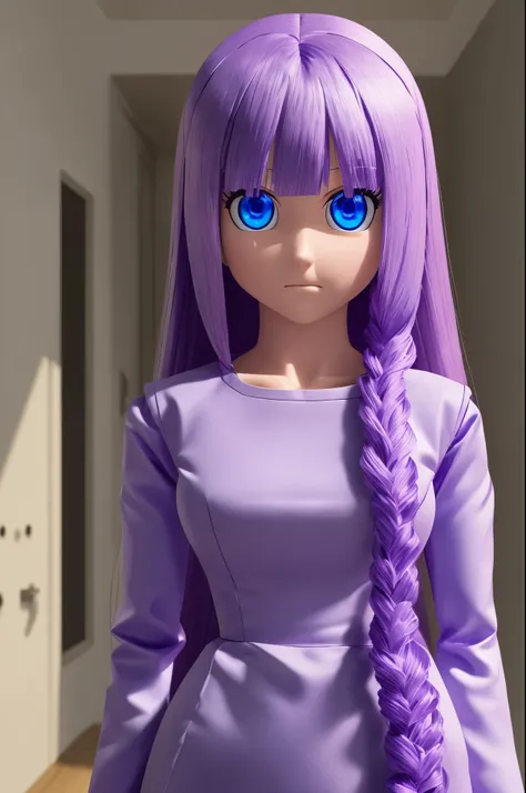 Mass-produced lifelike android housewife, assembly line, long purple hair, blue eyes, glowing eyes, stand at attention, empty eyes, blank stare, hollow eyes, pink shirt, 3d custom girl, 3d,